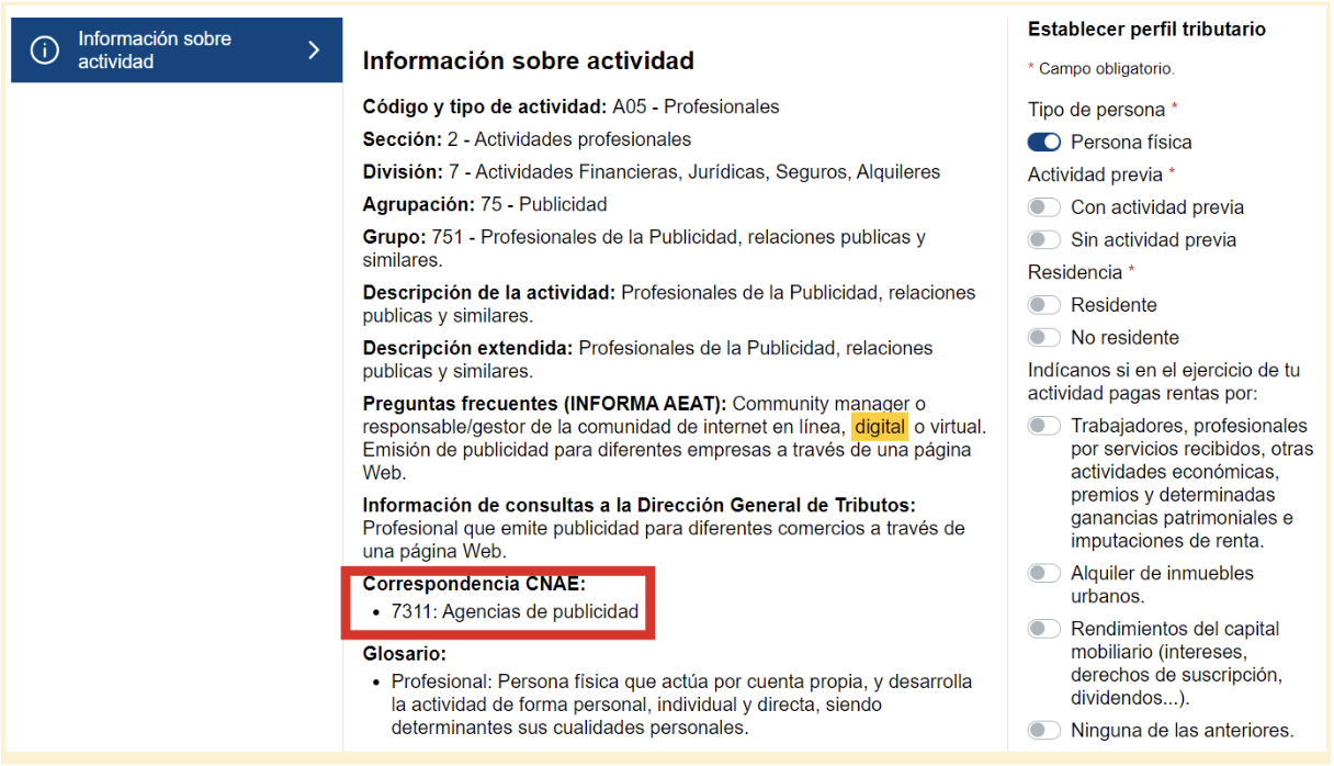 Pantalla con información sobre la actividad donde el autónomo podrá encontrar la equivalencia con el CNAE.