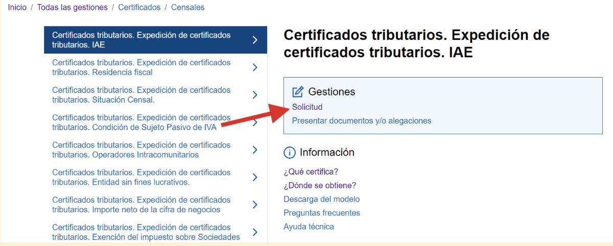 Pantalla de la Agencia Tributaria donde el autónomo deberá acceder para obtener el certificado de IAE.