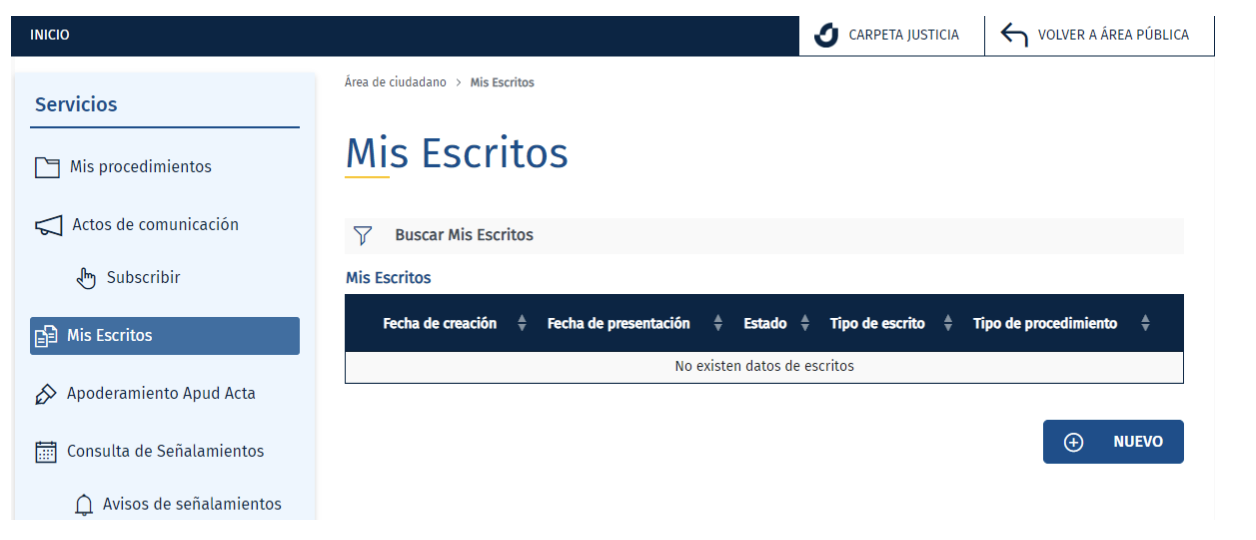 Pantalla de la sede judicial electrónica donde se muestra en la sección