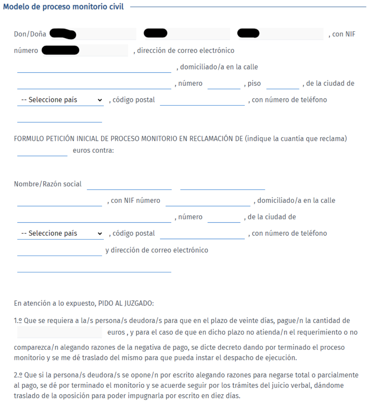 Pantalla de la sede judicial electrónica donde se muestra el modelo de proceso monitorio.