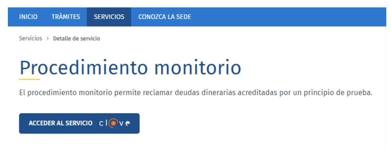 Pantalla de la sede judicial electrónica donde se muestra el acceso al servicio del procedimiento monitorio, a través del botón