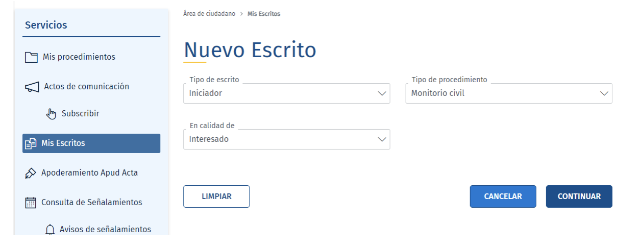 Pantalla de la sede judicial electrónica donde se muestra los datos a completar para crear un Nuevo Escrito.