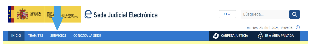Pantalla de la Sede Judicial Electrónica donde se señala el botón de