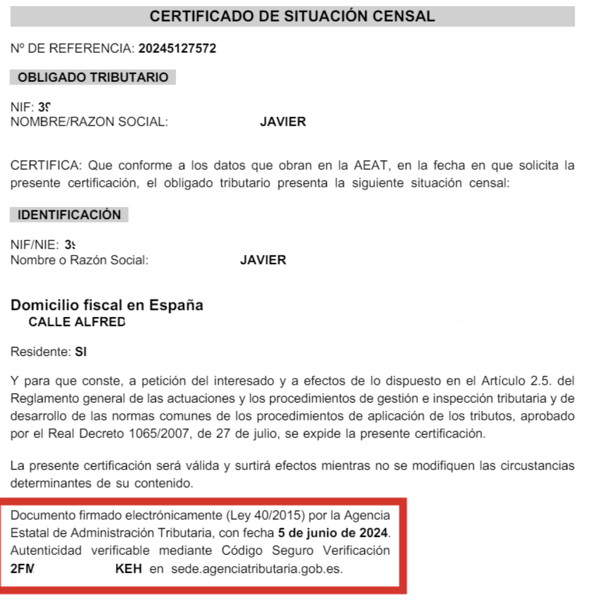 Pantalla de RED online donde se muestra un ejemplo de certificado de situación censal