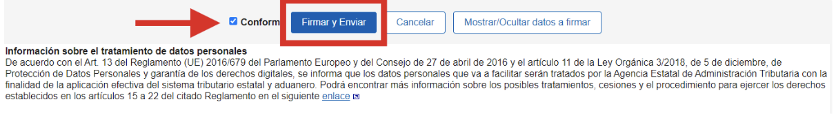 Pantalla de la Agencia Tributaria donde se realiza el octavo paso, clicar