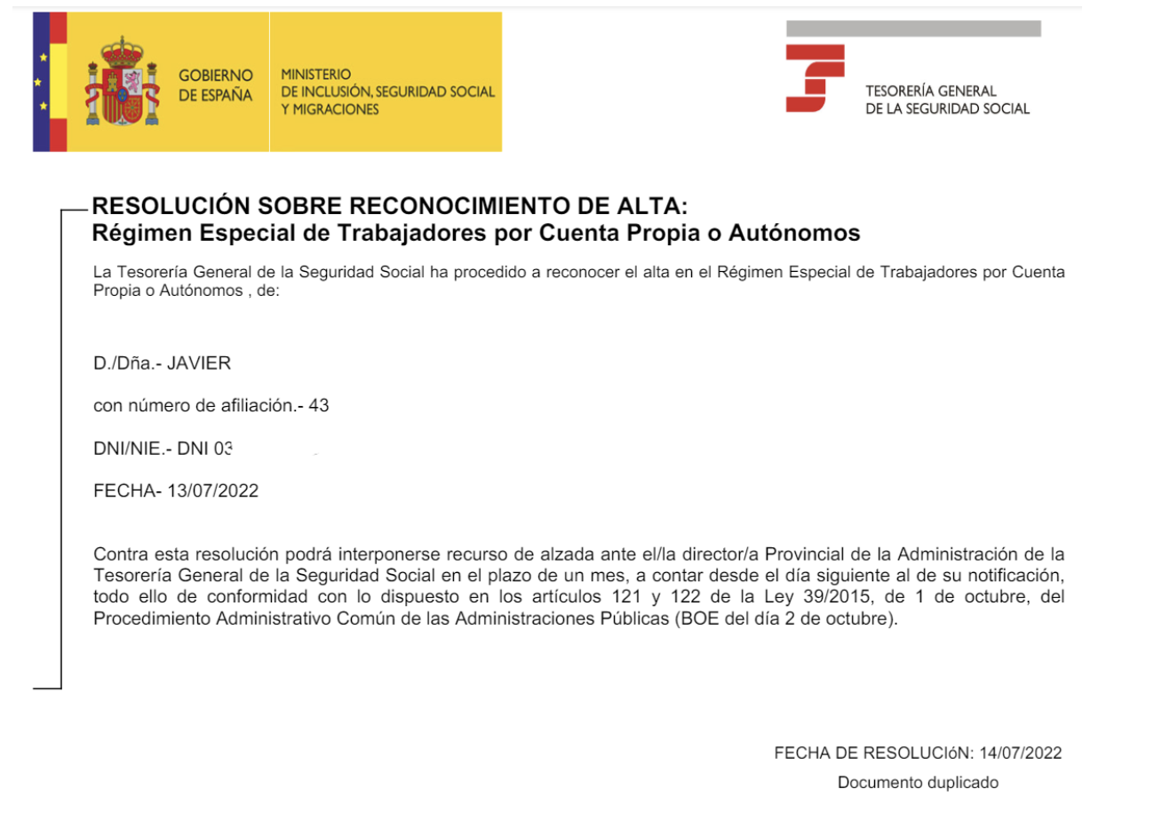 Pantalla de la Seguridad Social donde se puede ver la resolución del trámite de reconocimiento de alta.