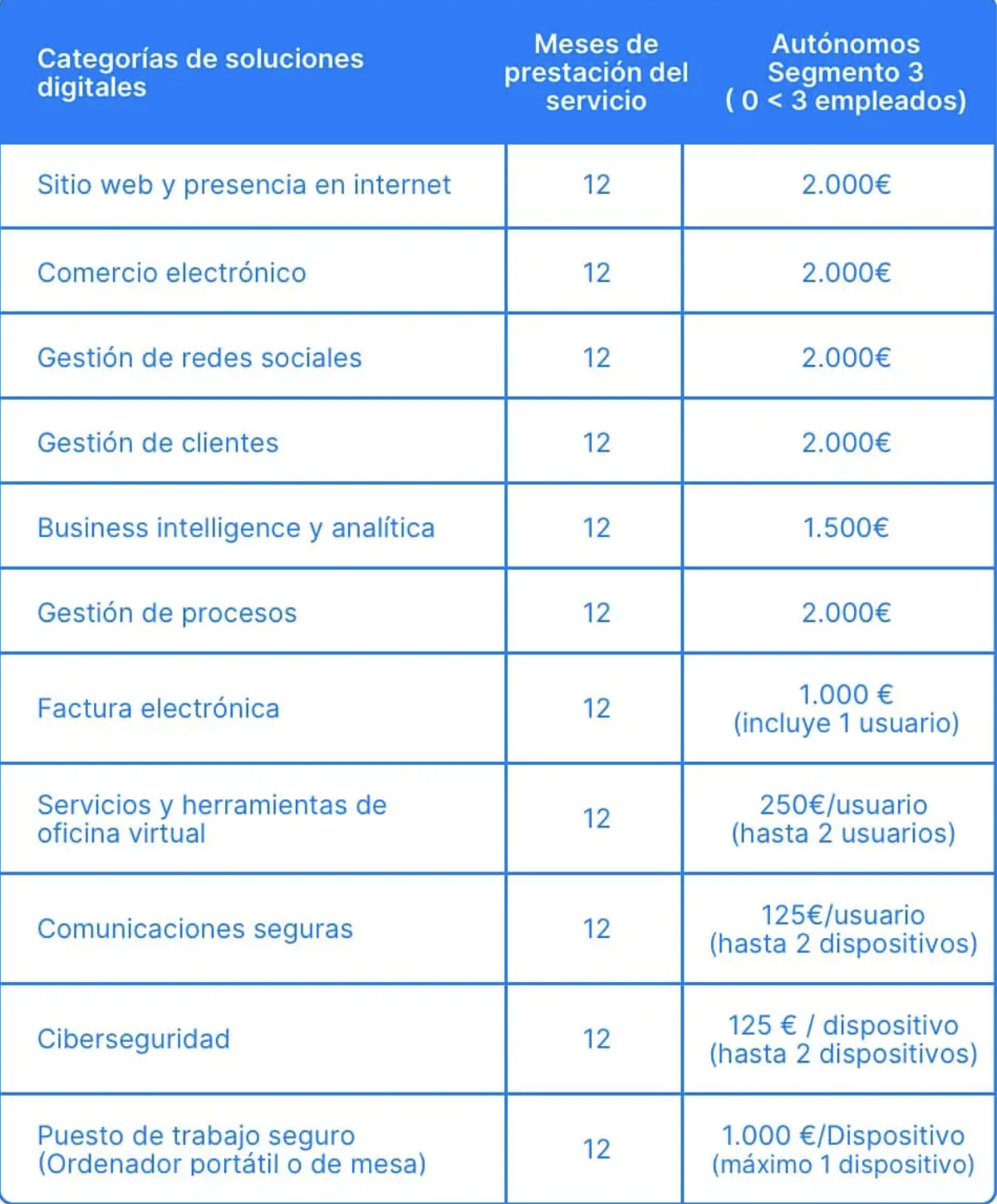 Tabla de soluciones del kit digital donde se detallan las categorías de soluciones digitales y los meses de prestación del servicio.