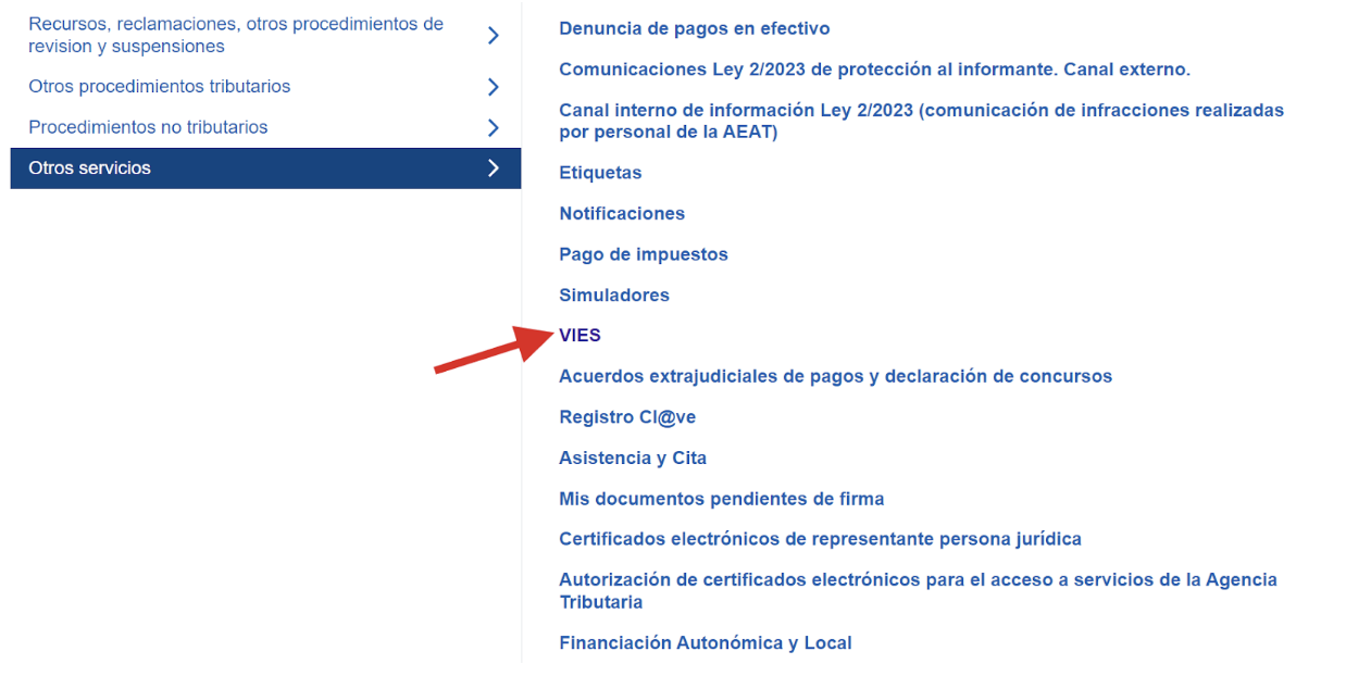 Pantalla de la Agencia Tributaria donde el autónomo deberá acceder a la opción VIES para conocer su número de IVA intracomunitario.