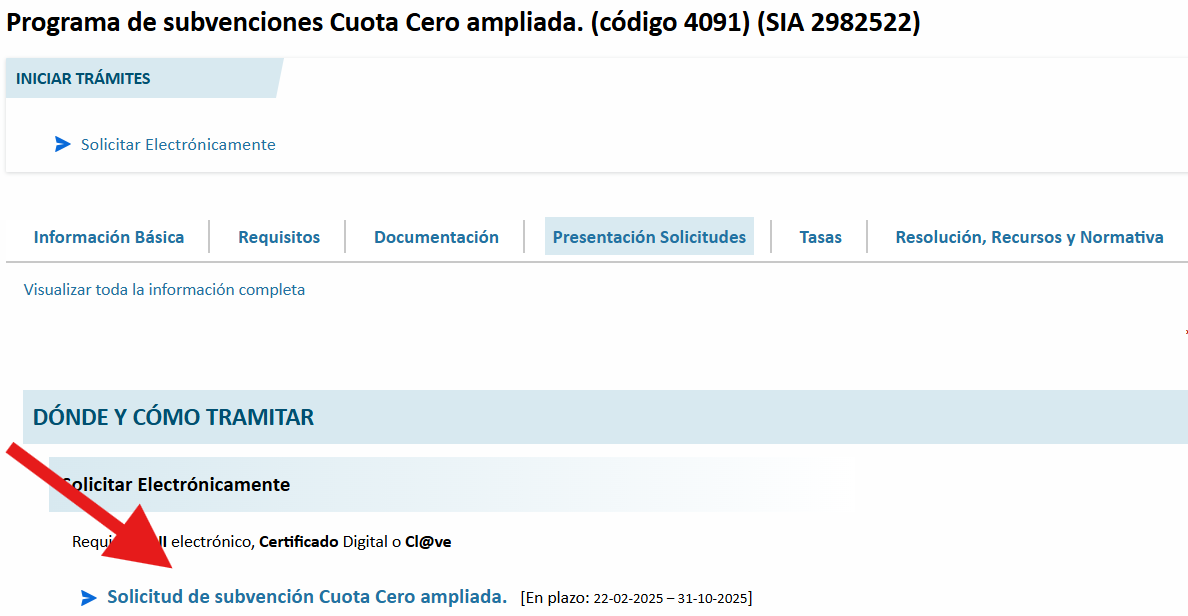Pantalla de sede electrónica donde se señala al autónomo el teléfono al que debe llamar para ampliar la solicitud de cuota ceto.