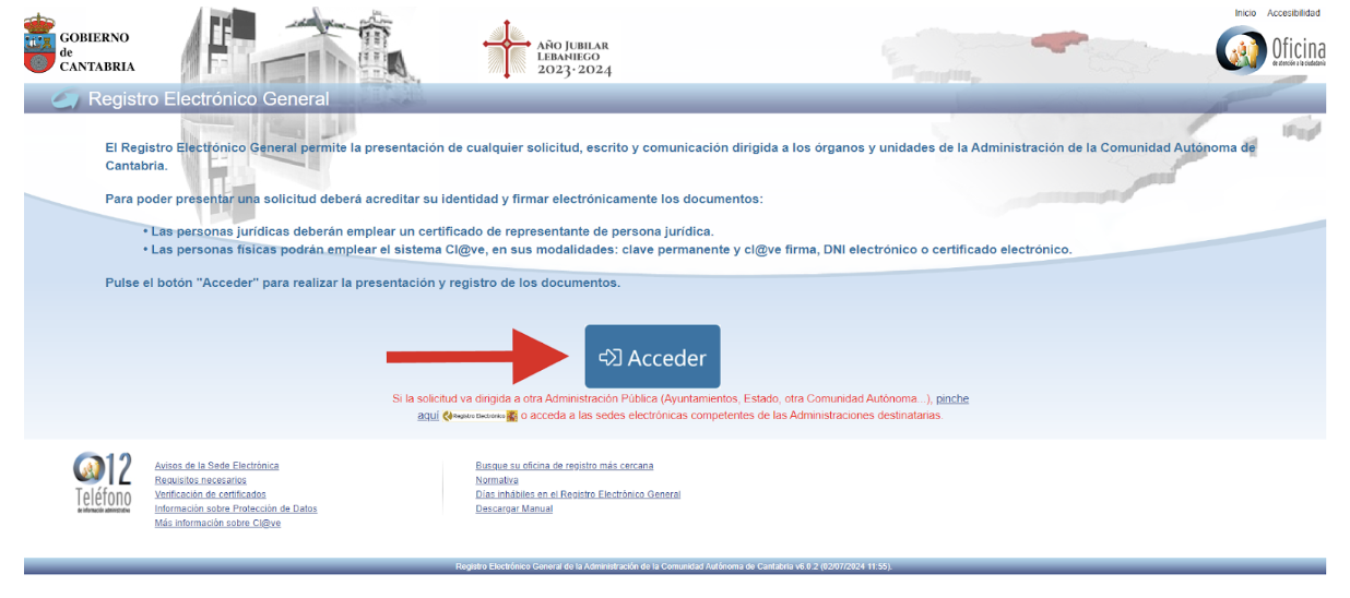 Pantalla del registro electrónico general del Gobierno de Cantabria donde se señala el botón