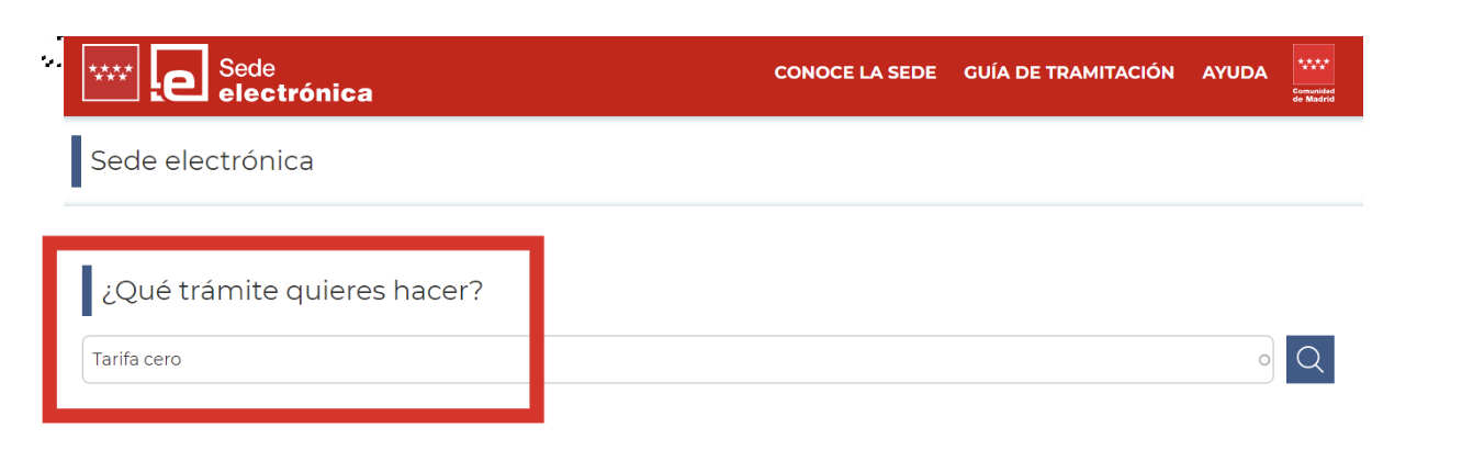 Pantalla del portal de la Administración Digital de la Comunidad de Madrid donde se señala al autónomo el buscador inicial para iniciar con el trámite de cuota cero.