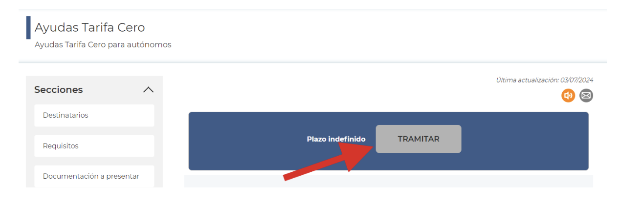 Pantalla de la sede electrónica de la Comunidad de Madrid donde se señala el botón de Tramitar la ayuda de la cuota cero para autónomos.