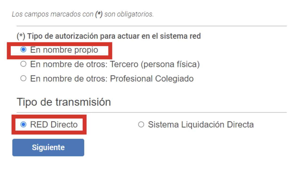 Pantalla de la Seguridad Social en la que se señalan los campos obligatorios para proceder con el acceso al sistema RED: