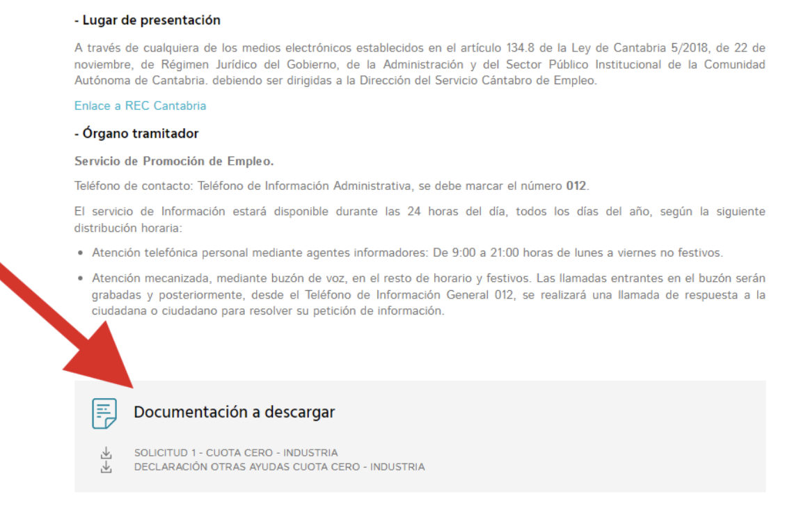 Pantalla de la página web del Servicio Cántabro donde se señala los documentos a descargar para solicitar la cuota cero para autónomos.