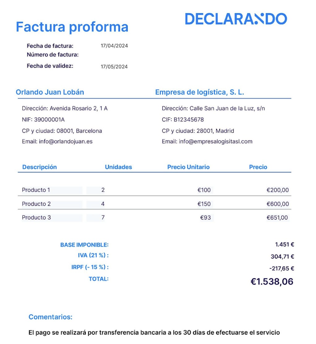 Ejemplo de factura proforma hecha