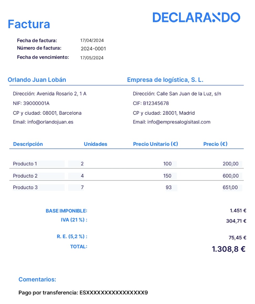 Ejemplo de factura con recargo de equivalencia
