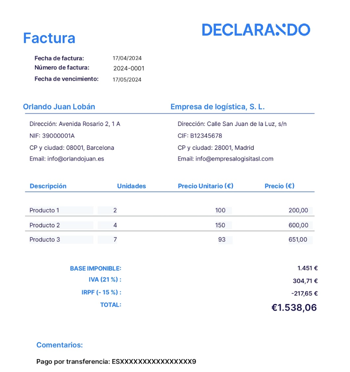 Ejemplo de factura de autónomo a empresa hecha con Declarando
