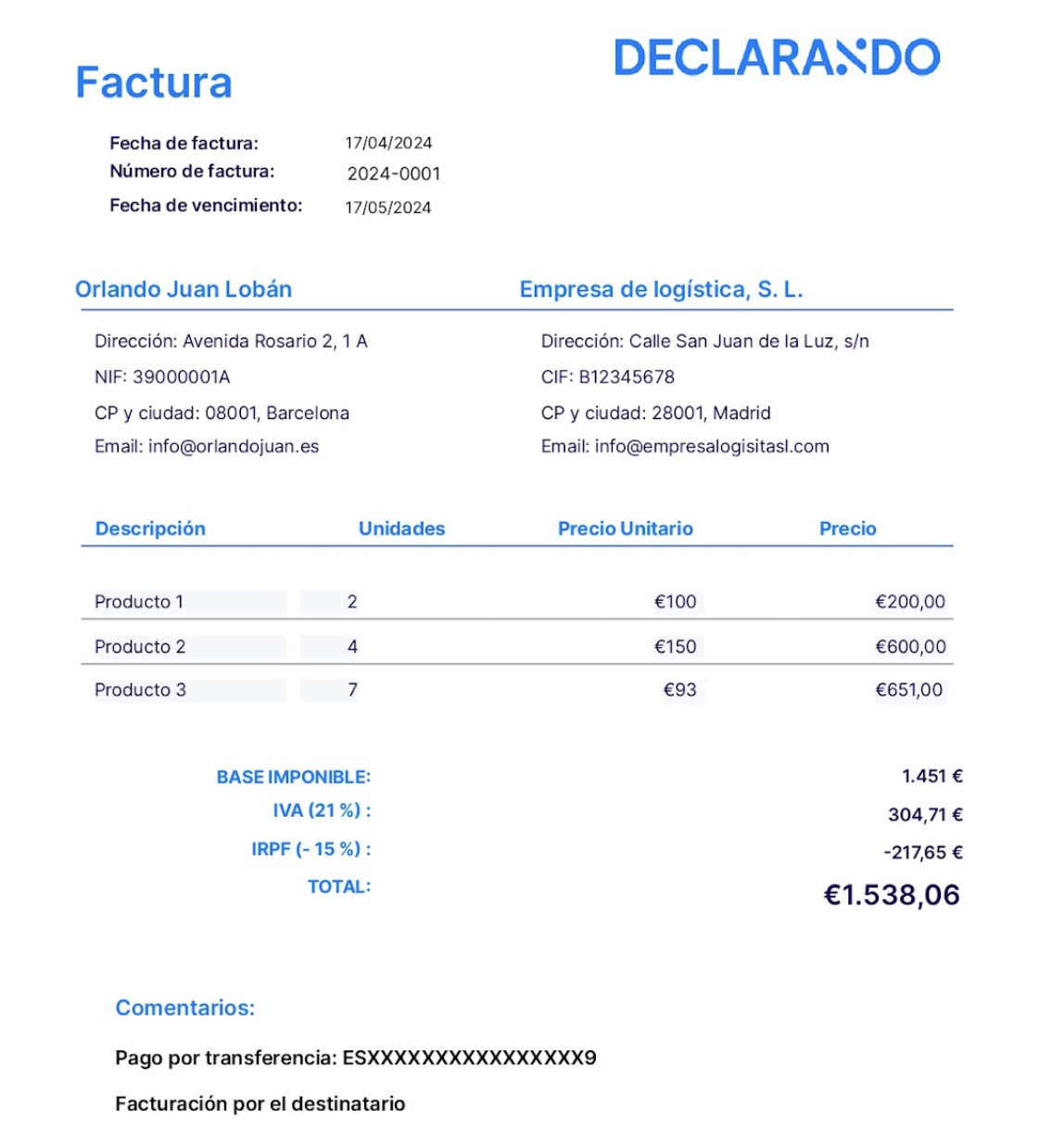 Ejemplo de factura emitida por el destinatario