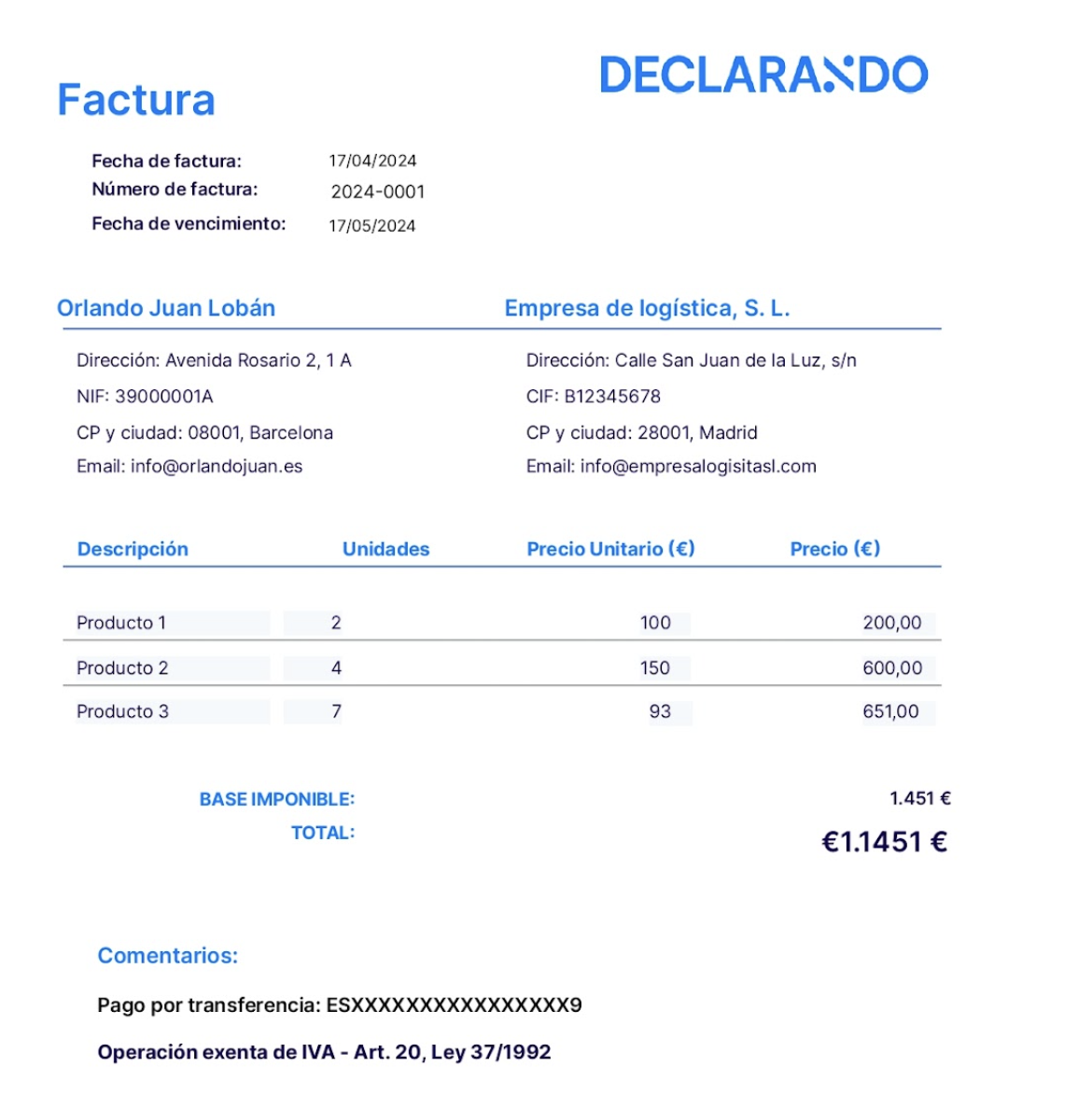 Ejemplo de factura exenta de IVA