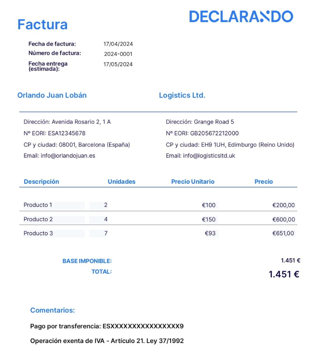 Ejemplo de factura internacional hecha con Declarando