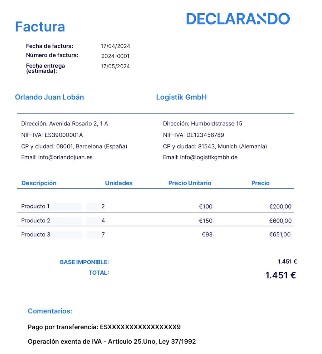 Ejemplo de factura intracomunitaria hecha con Declarando.