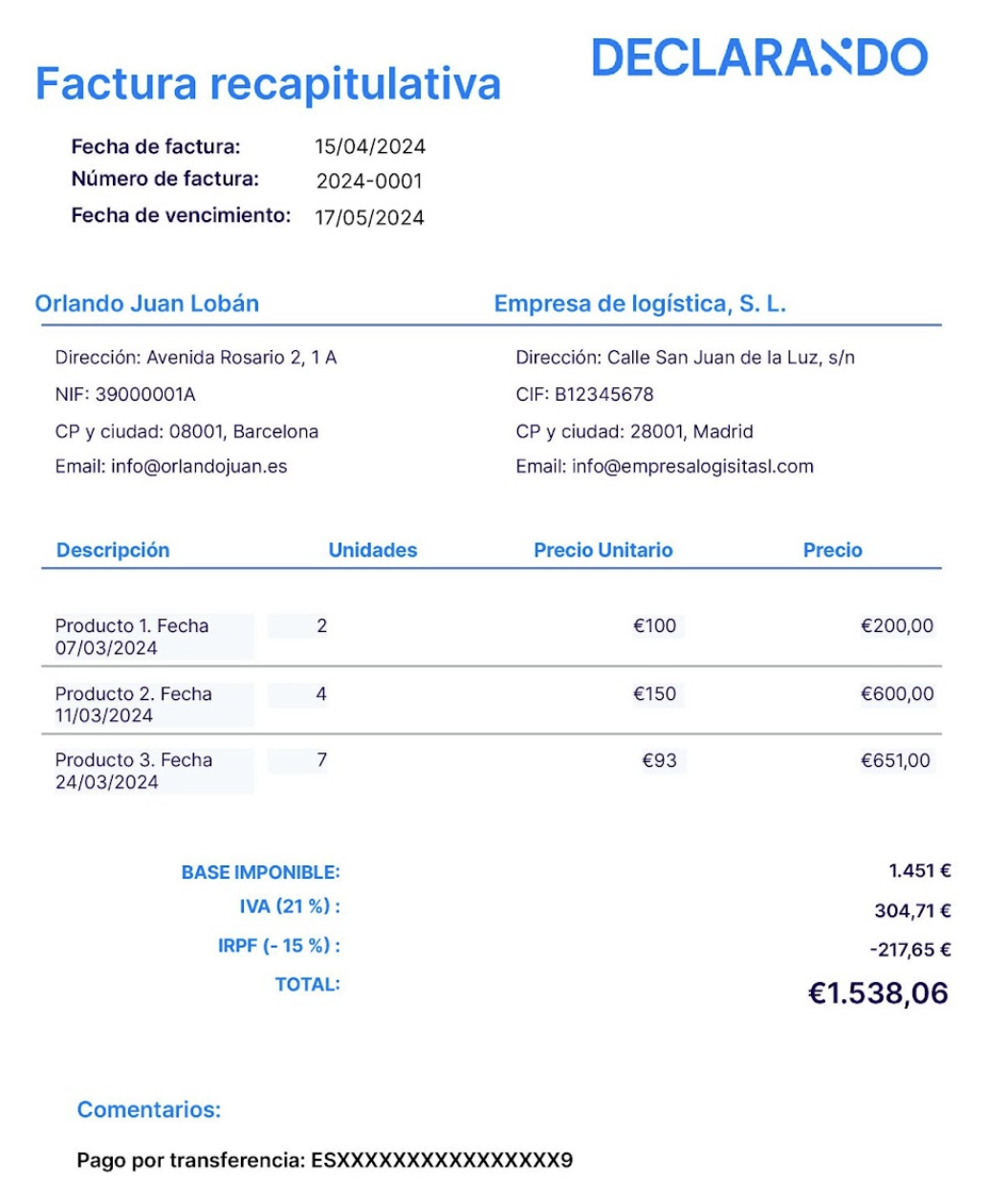 Ejemplo de factura recapitulativa hecha