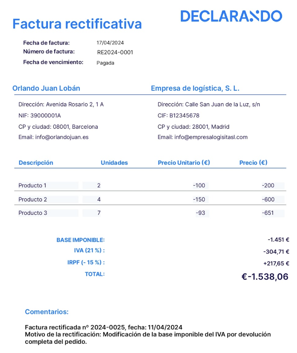 Ejemplo de factura rectificativa hecha