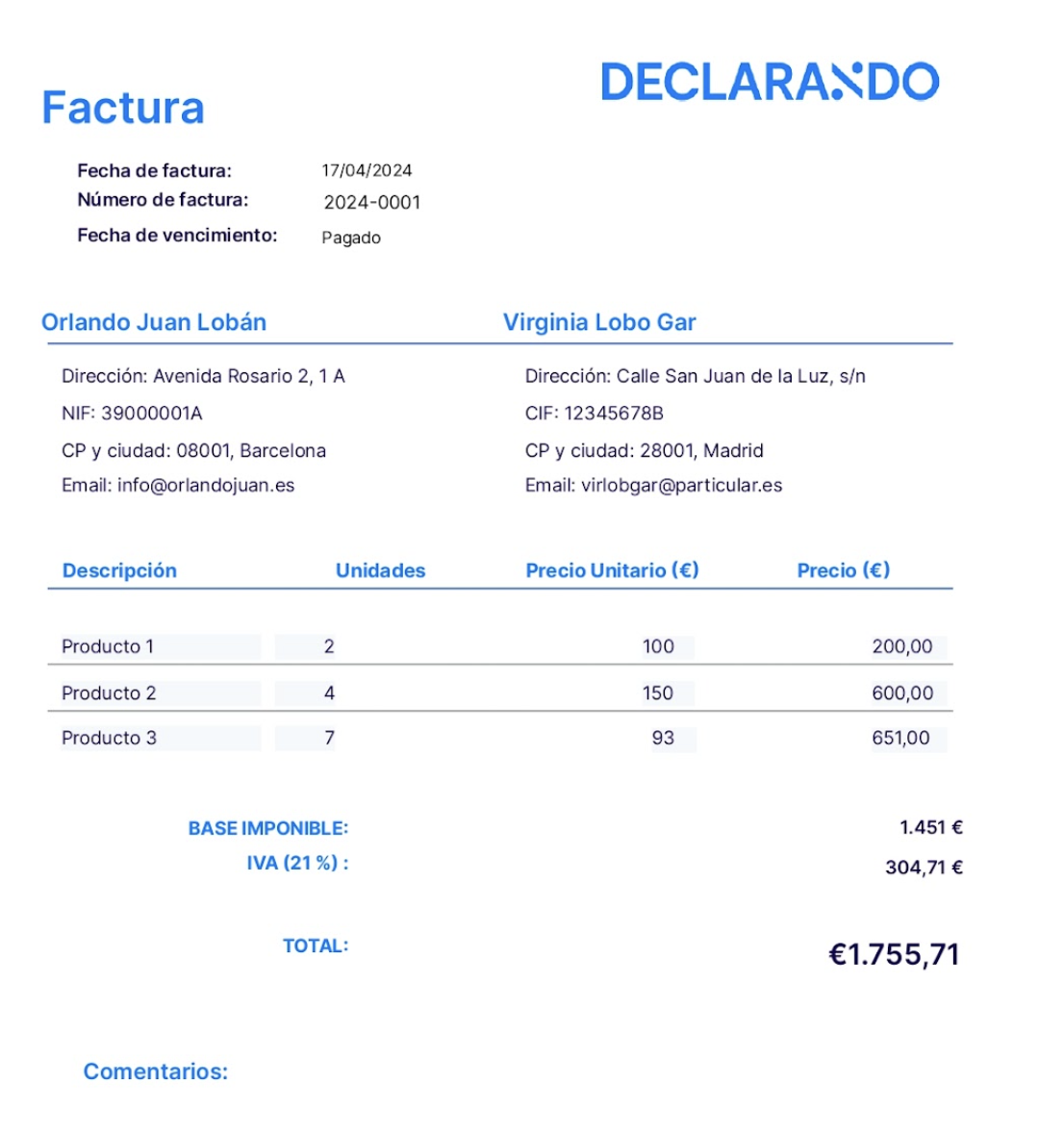 Ejemplo factura hecha a un particular