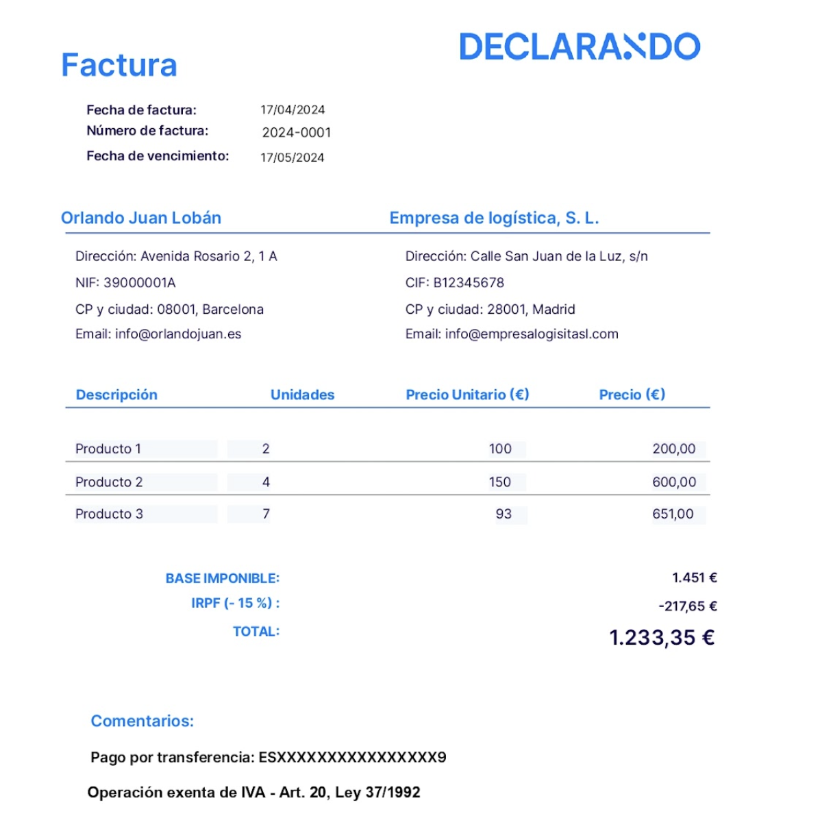 Ejemplo factura con IRPF