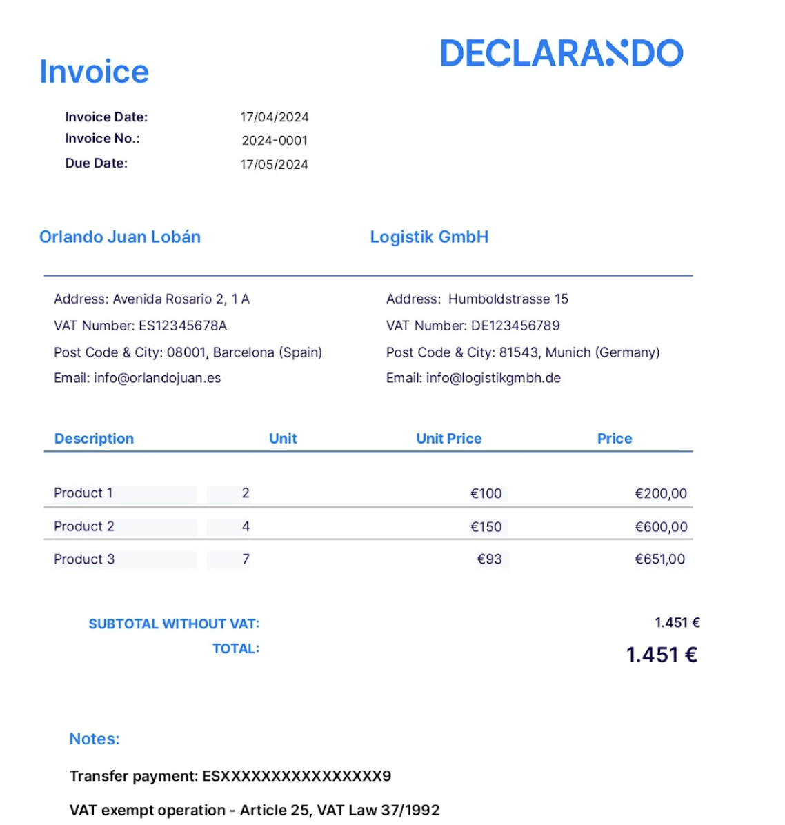 Ejemplo factura en inglés hecha con Declarando.