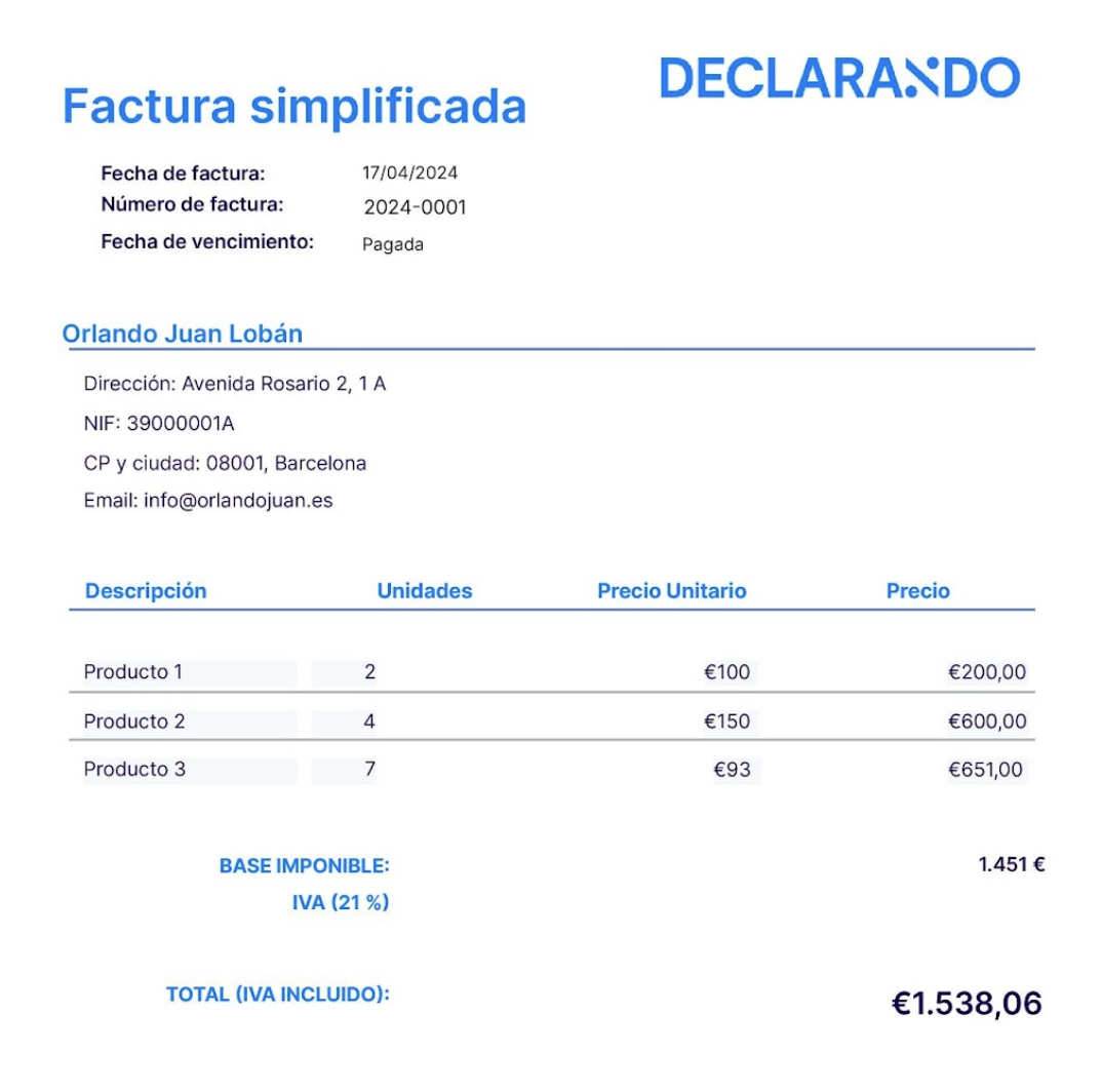 Ejemplo de factura simplificada hecha