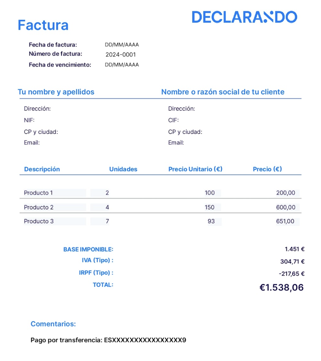 Ejemplo de modelo factura de Declarando