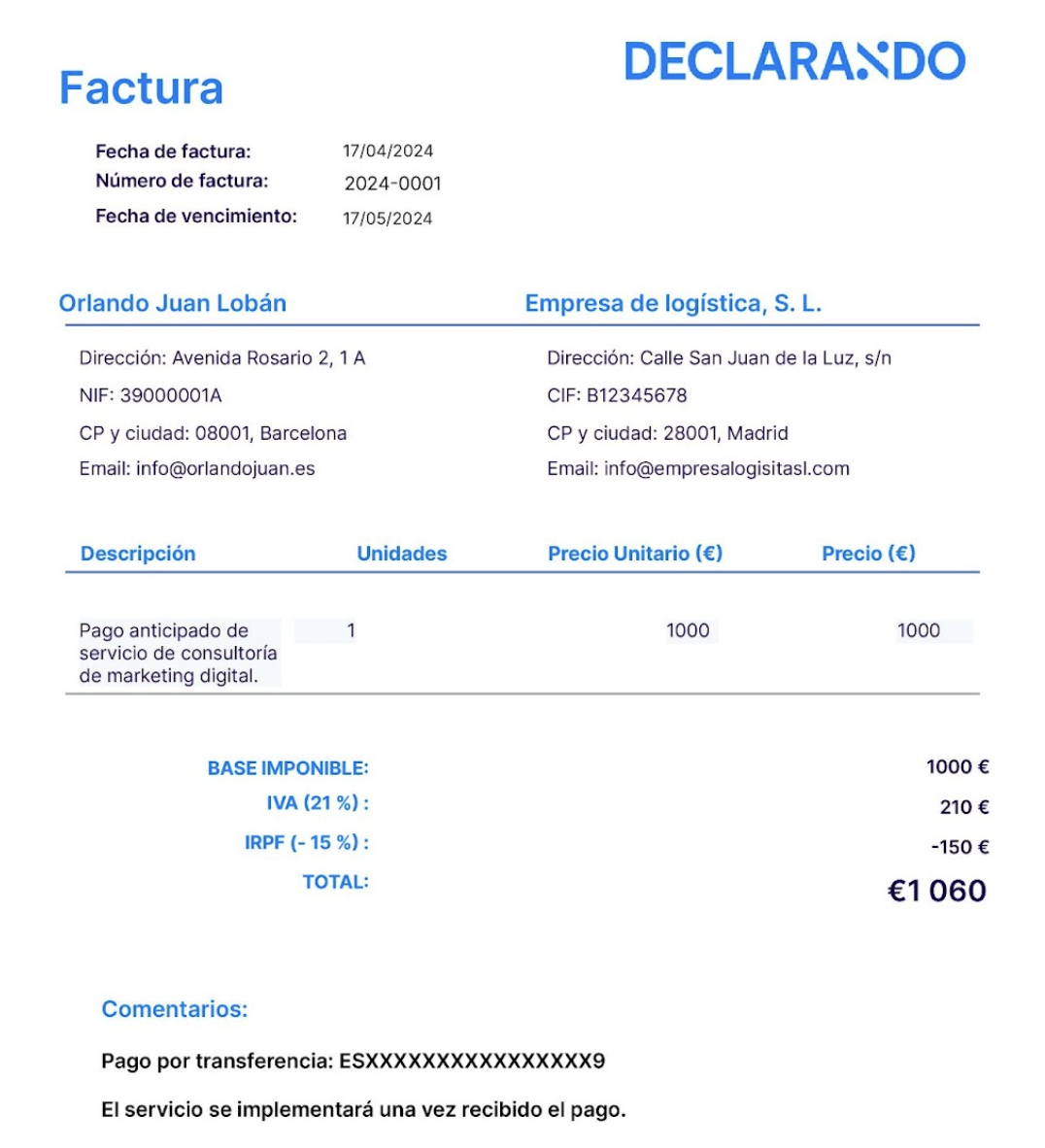 Ejemplo de factura de anticipo hecha