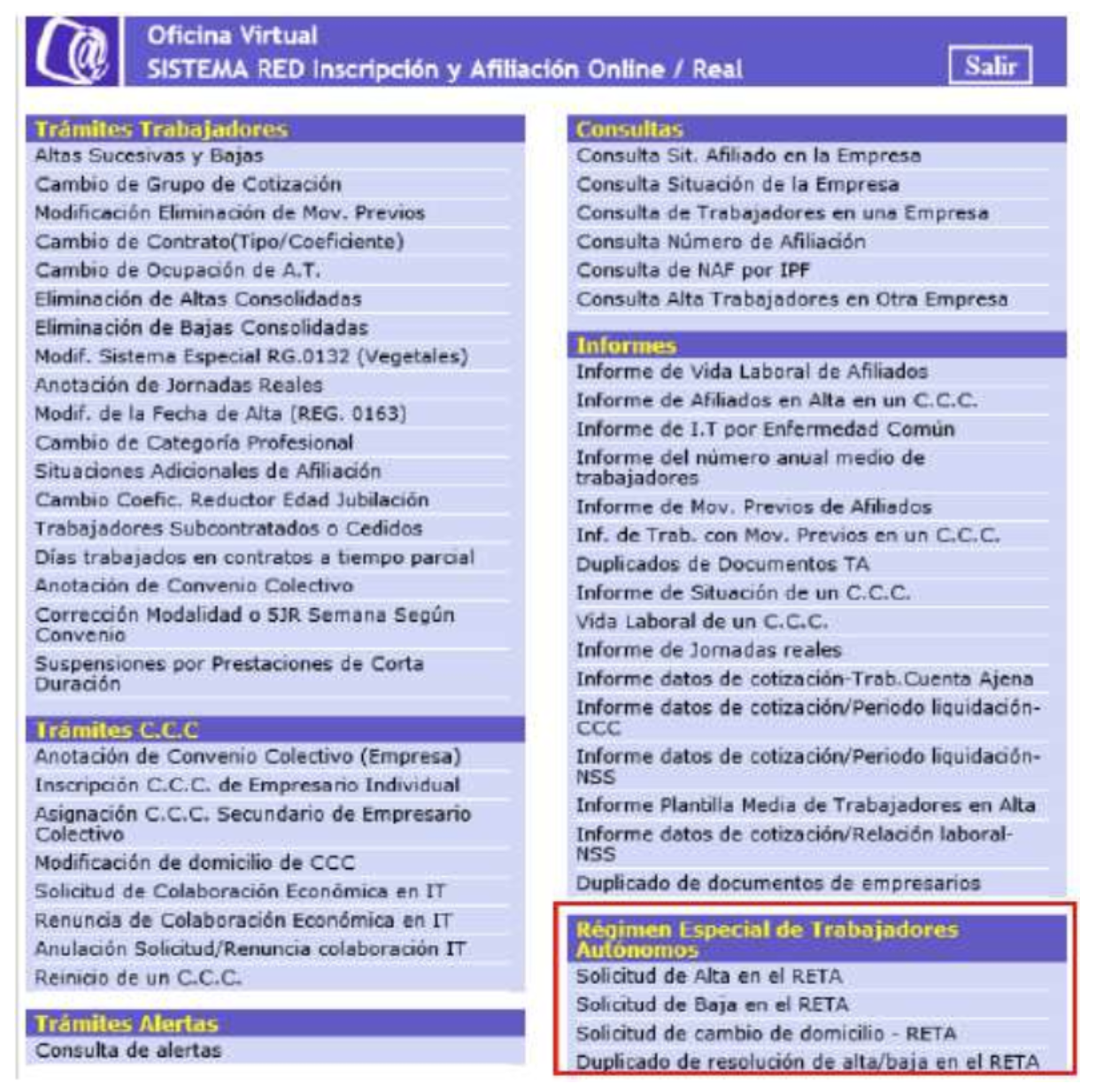 Pantalla del menú del sistema de RED de inscripción y afiliación Online / Real