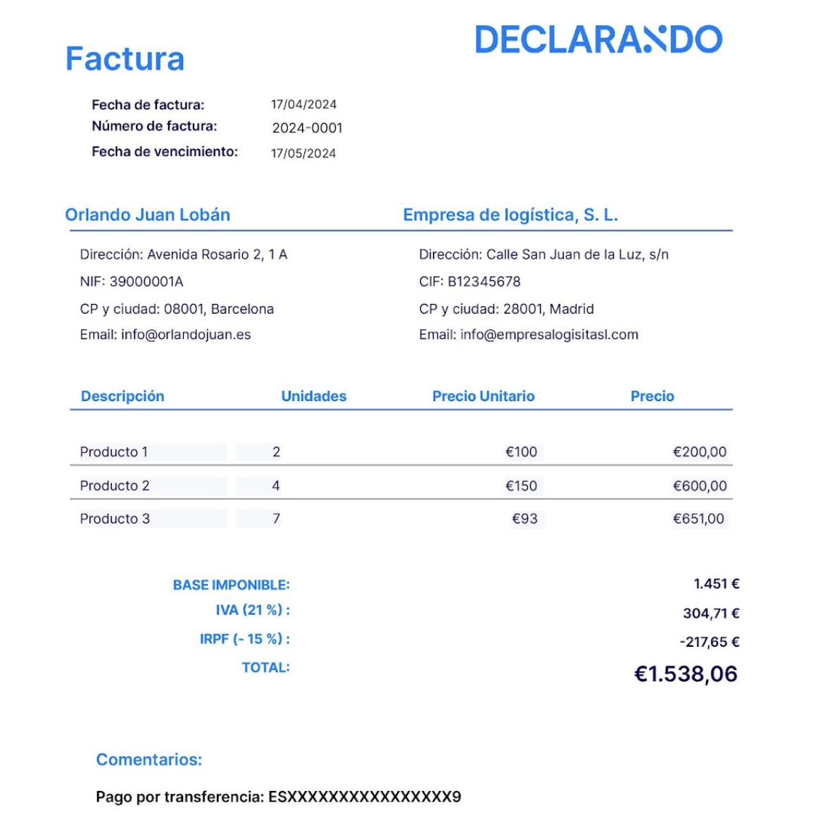 Ejemplo de factura de Declarando para comprender la estructura de una factura completa de autónomo a empresa.