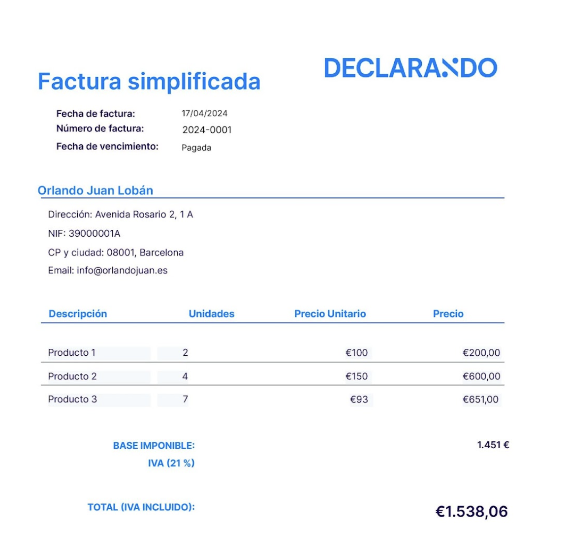 Ejemplo de factura de Declarando simplificada.