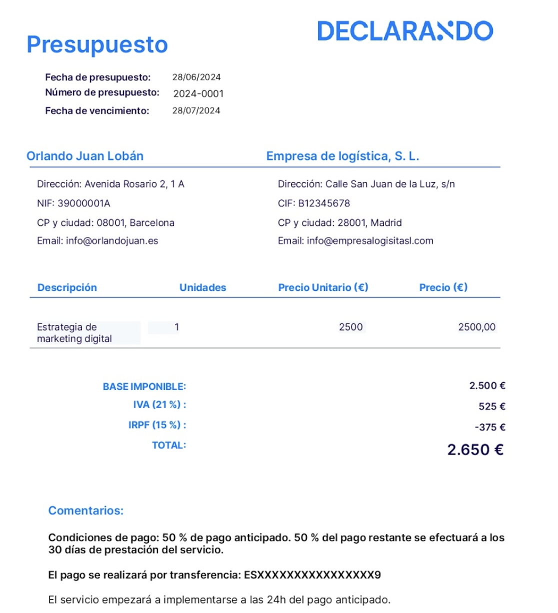 Ejemplo de plantilla de presupuesto de un servicio.