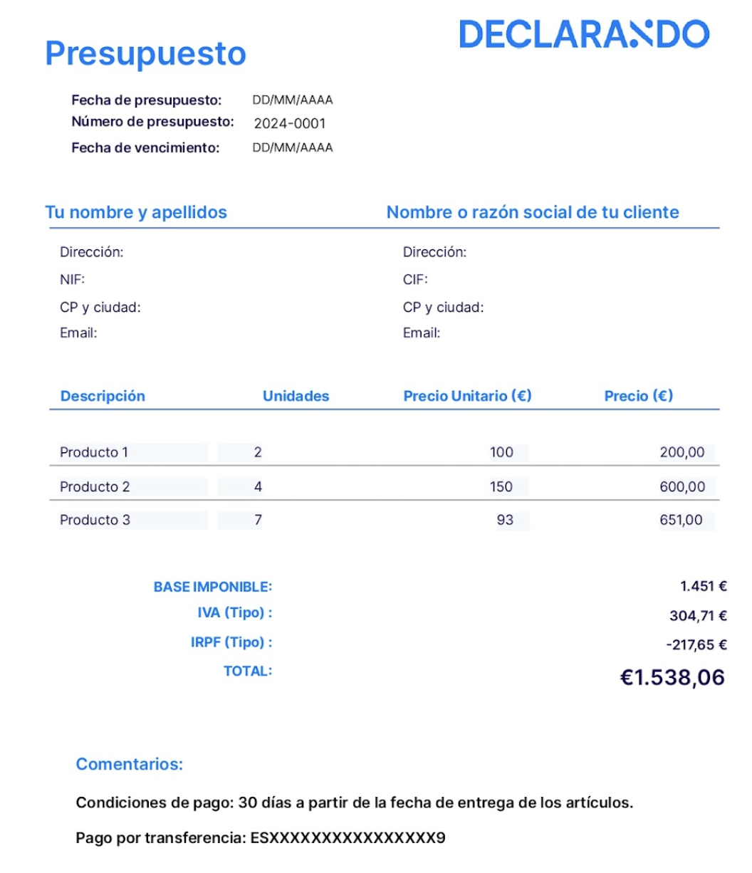 Ejemplo de plantilla o modelo básico de un modelo de presupuesto para un cliente.