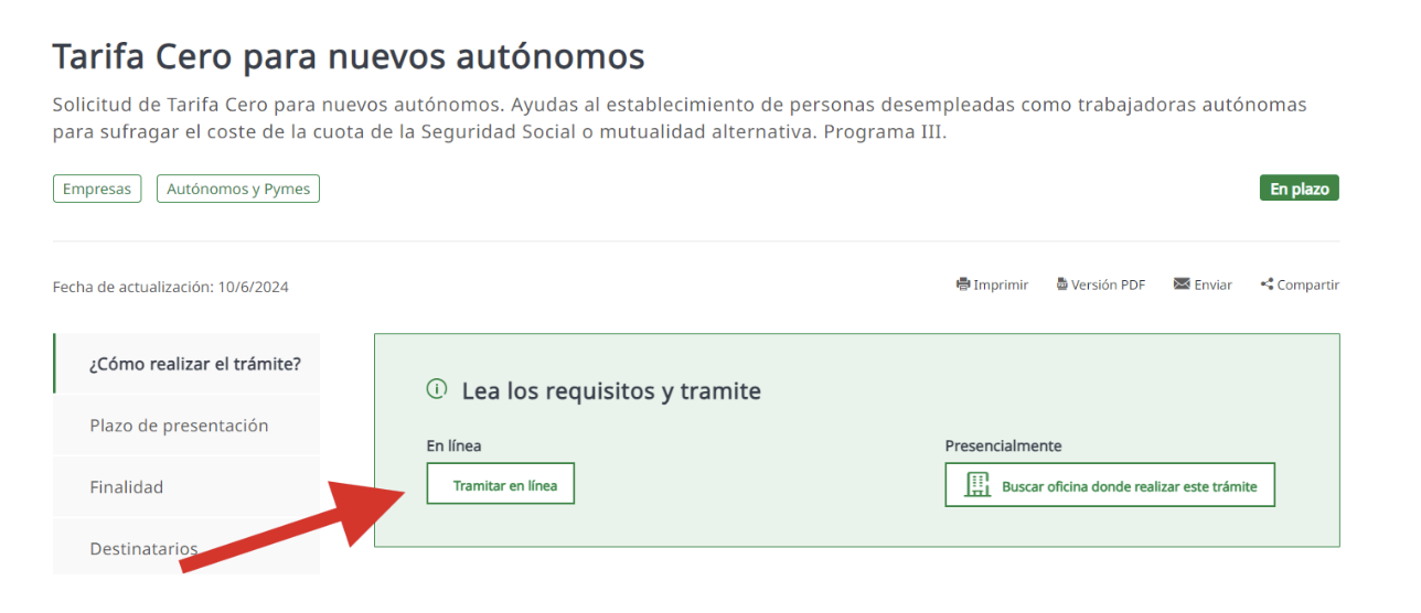 Pantalla de la sede electrónica de la Junta de Extremadura donde se señala el botón de