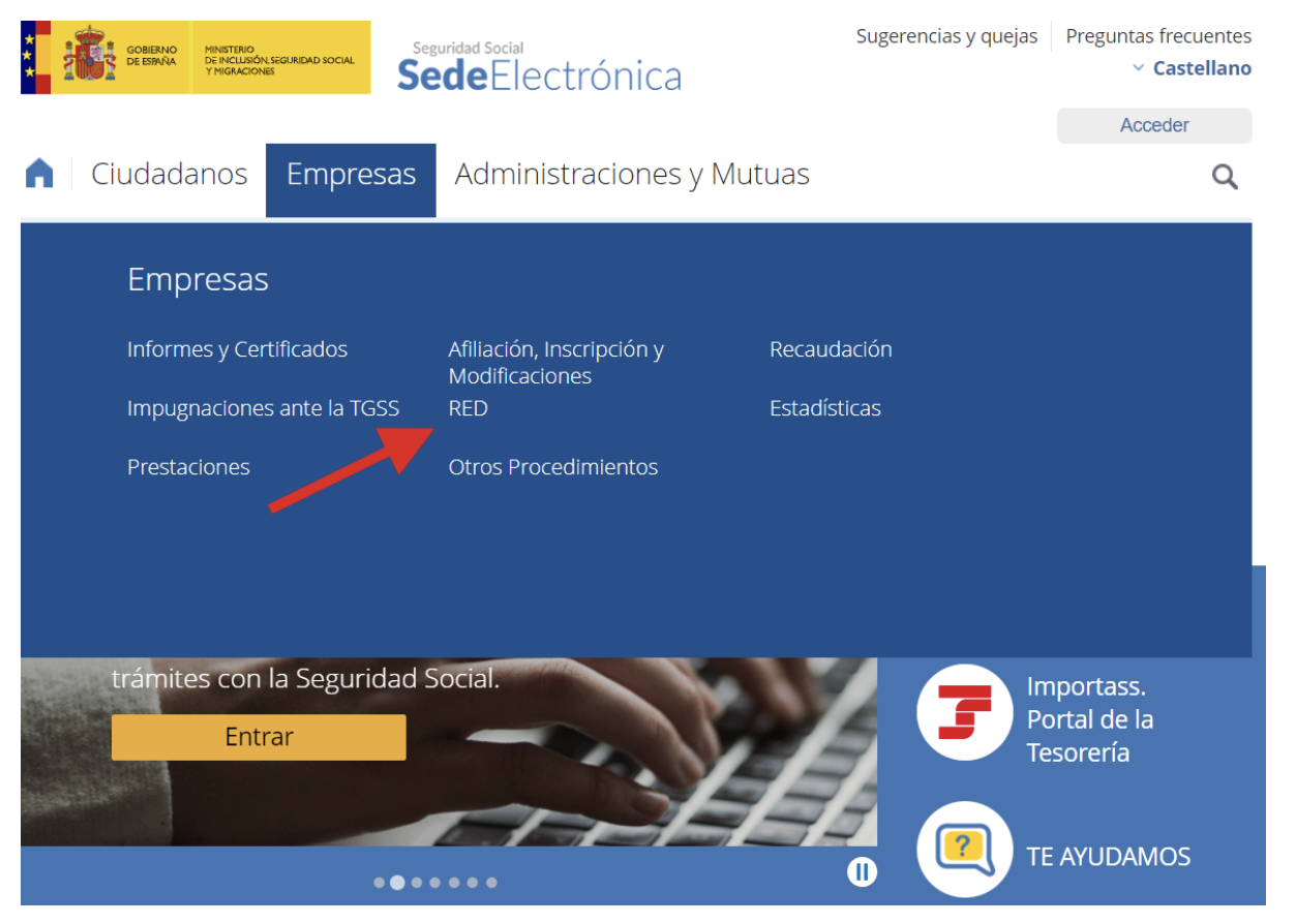 Pantalla de la Seguridad Social sede electrónica donde se señala el botón