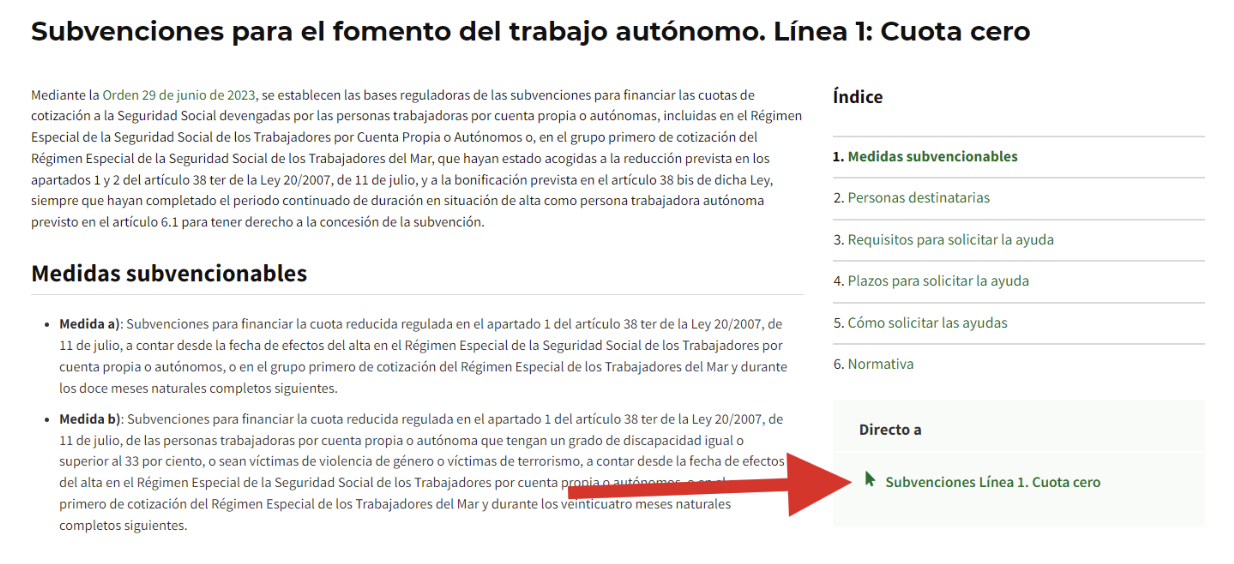 Pantalla de la sede electrónica del gobierno de la junta donde se señala al autónomo la opción