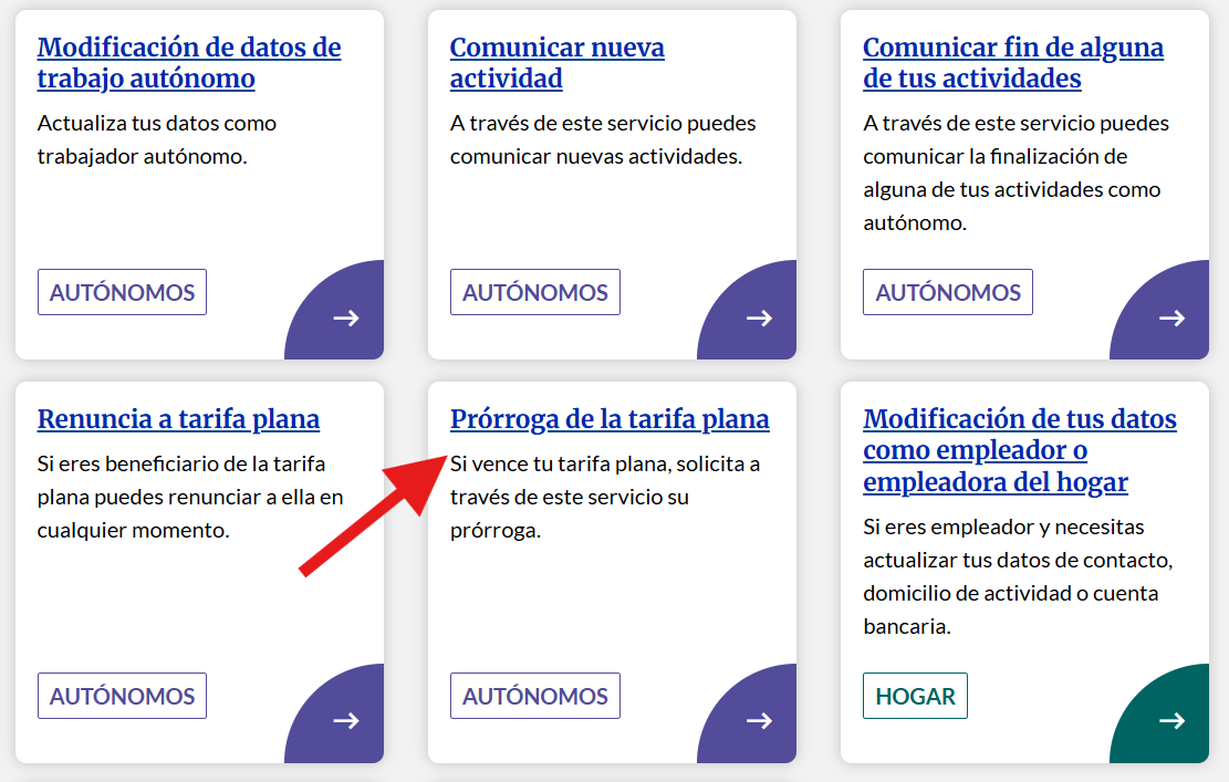 Pantalla donde se indica a los autónomos clicar en Prórroga de la tarifa plana en caso se venza la cuota.