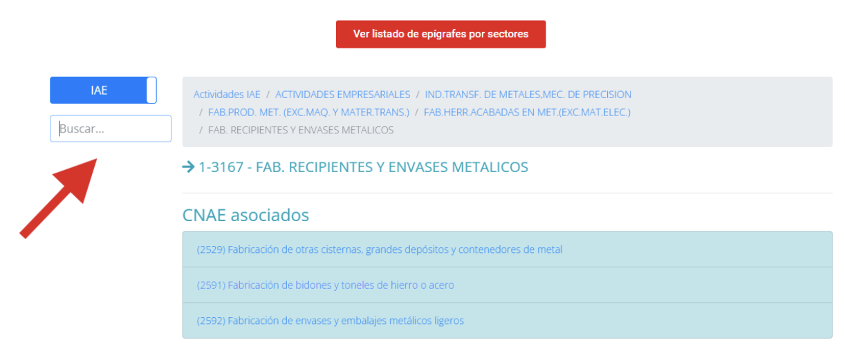 Pantalla de la Cámara de Comercio Sevillana donde se muestra el conversor de IAE - CNAE donde el autónomo puede averiguar su epígrafe de IAE.
