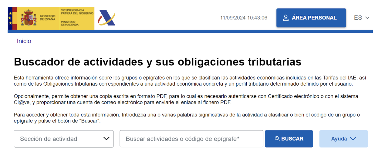 Pantalla de la Agencia Tributaria (o AEAT) donde se muestra el buscador de actividades económicas donde se puede buscar el conversor CNAE.