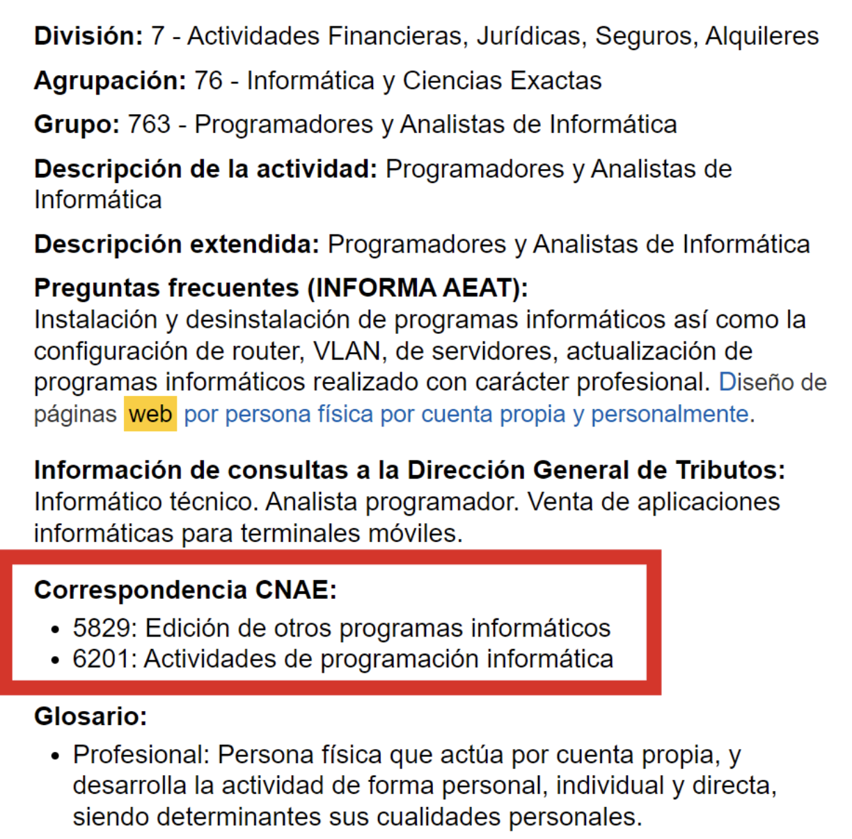 Pantalla de la Agencia Tributaria donde se señala la ubicación de la correspondencia CNAE.