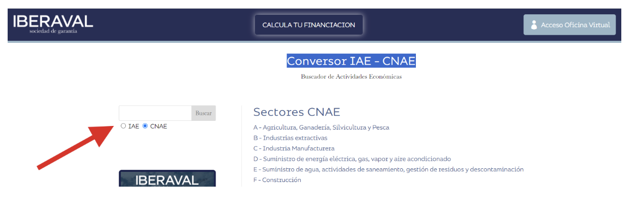 Pantalla de Iberaval, sociedad de garantía recíproca (o SGR), donde se muestra el conversor de IAE y CNAE.
