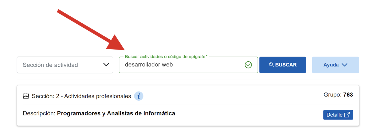 Pantalla de la Agencia Tributaria donde se muestra se puede buscar el epígrafe de IAE y CNAE.