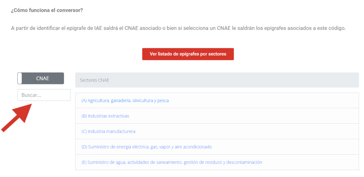 Pantalla de la Cámara de Comercio de Sevilla donde se muestra la sección donde se busca el IAE a partir del CNAE.