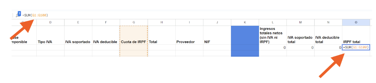 Pantalla del Excel de Google de ingresos y gastos donde el autónomo debe ingresar en la columna O