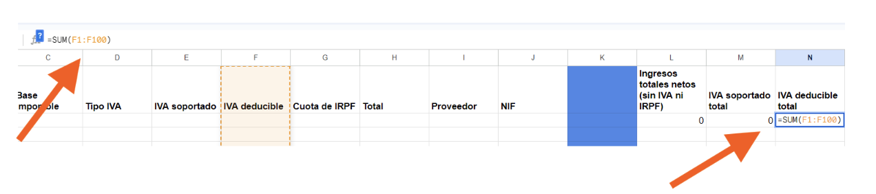 Pantalla del Excel de Google de ingresos y gastos, donde el autónomo deberá ingresar en la columna N